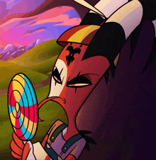 a cartoon character is holding a colorful lollipop in his hand