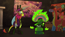 a cartoon drawing of a dinosaur and a bug with a sign that says ' king dinos '