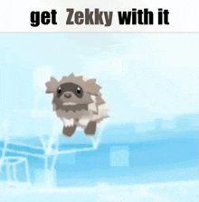 a cartoon hamster is flying through the air with the words `` get zekky with it '' written above it .