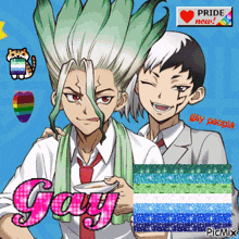 a couple of anime characters standing next to each other with the word gay on the bottom