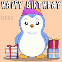 a birthday card with a penguin wearing a party hat and presents