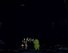 a green monster with many eyes is surrounded by ghosts