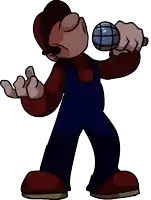 a cartoon character is singing into a microphone while wearing overalls and a hat