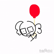 a cartoon character is holding a red balloon in his hand .