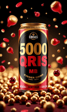a can of 5000 qris mb sits in a pile of gold balls