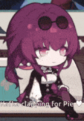 a girl with purple hair is sitting on a couch with the words kafka clapping for pie written below her