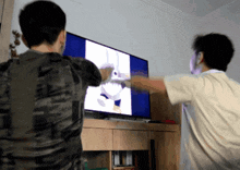 two men are playing a video game on a flat screen television