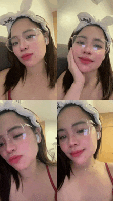 a woman wearing glasses and a headband with the word love written on it