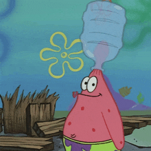 patrick star from spongebob squarepants drinking water from a bottle