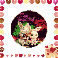 a valentine 's day greeting card with two rabbits and hearts
