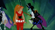 a cartoon of a woman and a man with the word brat written on the bottom