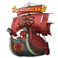 a cartoon drawing of a ship with a red sail and the words " ratuular 77 " above it