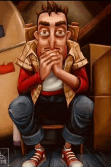 a cartoon drawing of a man sitting on a chair