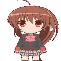 a little girl with long brown hair is wearing a black jacket and a plaid skirt
