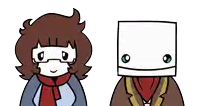 a cartoon of two people kissing with a white box on their head