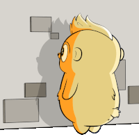 a cartoon character is standing in front of a brick wall