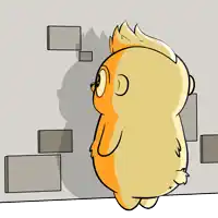 a cartoon character is standing in front of a brick wall
