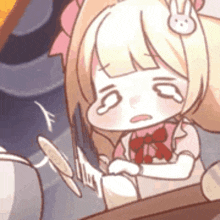 a cartoon girl with a bunny ear is sitting at a table with a knife and fork .