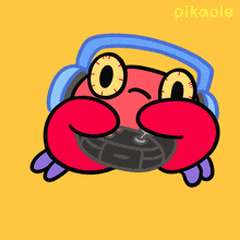 a cartoon of a crab wearing headphones and holding a remote