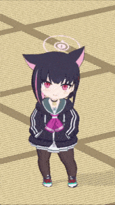 a girl with cat ears is standing on a wood floor