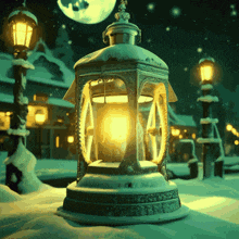 a lantern is lit up in the snow in front of a street light