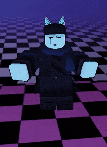 a cartoon character with a tear coming out of his eye is standing on a checkered floor