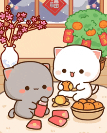 a cartoon of two cats sitting at a table with chinese symbols on their heads