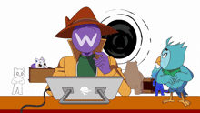 a cartoon drawing of a man with a w on his face
