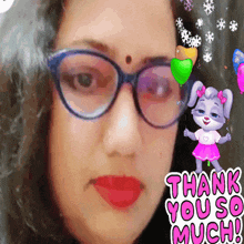 a woman wearing glasses is holding a balloon and says thank you so much
