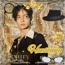 a picture of a man with the name heeseung written on it
