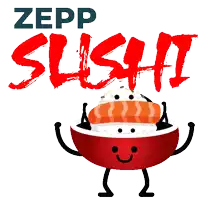 a logo for zepp sushi with a cartoon character holding a sushi