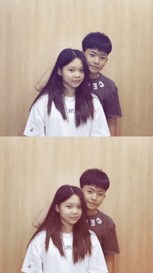 a boy and a girl are posing for a picture and the girl is wearing a shirt that says ce on it