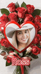 a bouquet of red roses with a heart shaped frame with the name ross