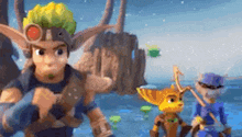 a group of cartoon characters are standing in the water .