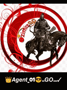 a picture of a man riding a horse with agent 01 go written on it
