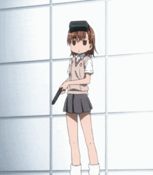 a girl holding a gun with an arrow pointing to the left