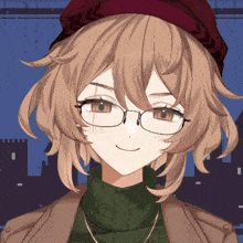 a girl with glasses and a red hat is smiling