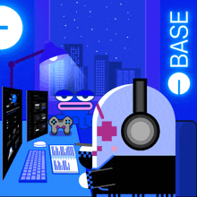 a cartoon drawing of a robot sitting at a desk with headphones and the word base on the bottom