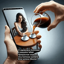 a phone with a picture of a woman pouring coffee