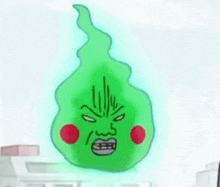 a cartoon drawing of a green ghost with a face and red cheeks .