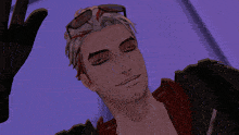 a man with red eyes and a black jacket is smiling