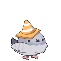 a pigeon wearing a yellow and white traffic cone on its head