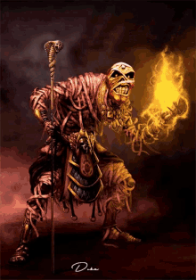 a painting of a mummy holding a torch with the name dan on the bottom right