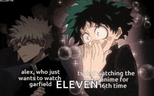 a cartoon of a boy covering his mouth with his hand and the words alex who just wants to watch garfield eleven 16th time
