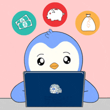 a penguin is sitting in front of a laptop with a sticker that says penguin