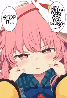 a girl with pink hair and a speech bubble that says stop it
