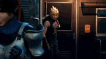 a video game character is standing in a doorway with a sword .