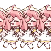 a row of cartoon characters with pink hair are walking in a row