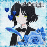 a picture of a boy in a tuxedo with a dolphin and the words goodnight