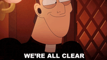 a cartoon priest with the words we 're all clear behind him